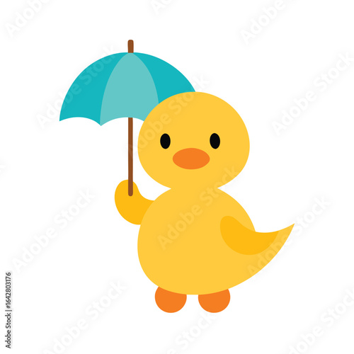 Cute yellow duckling holding a blue umbrella on white background animal bird
