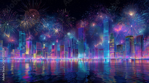 Fireworks lighting up the night sky over the city