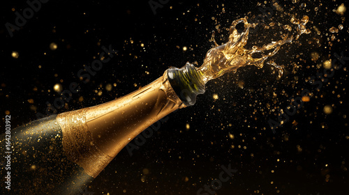 Bottle of champagne on a black background for celebration and party themes