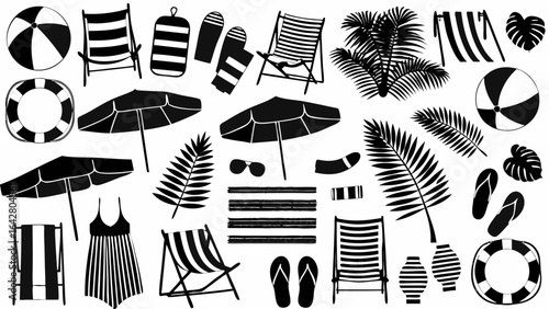 Black and white beach elements including chairs umbrellas and tropical leaves in a vector illustration | editable eps vectors silhouette