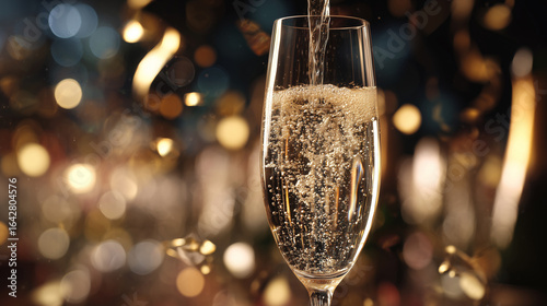 Two glasses of sparkling gold champagne on a festive Christmas Eve background with a decorated tree
