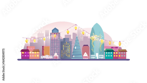 Cityscape vector illustration with buildings, skyscrapers and lights for graphic design and web design projects