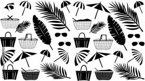 Illustration of beach themed items including umbrellas, palm leaves, baskets and sunglasses in black and white | editable eps vectors silhouette