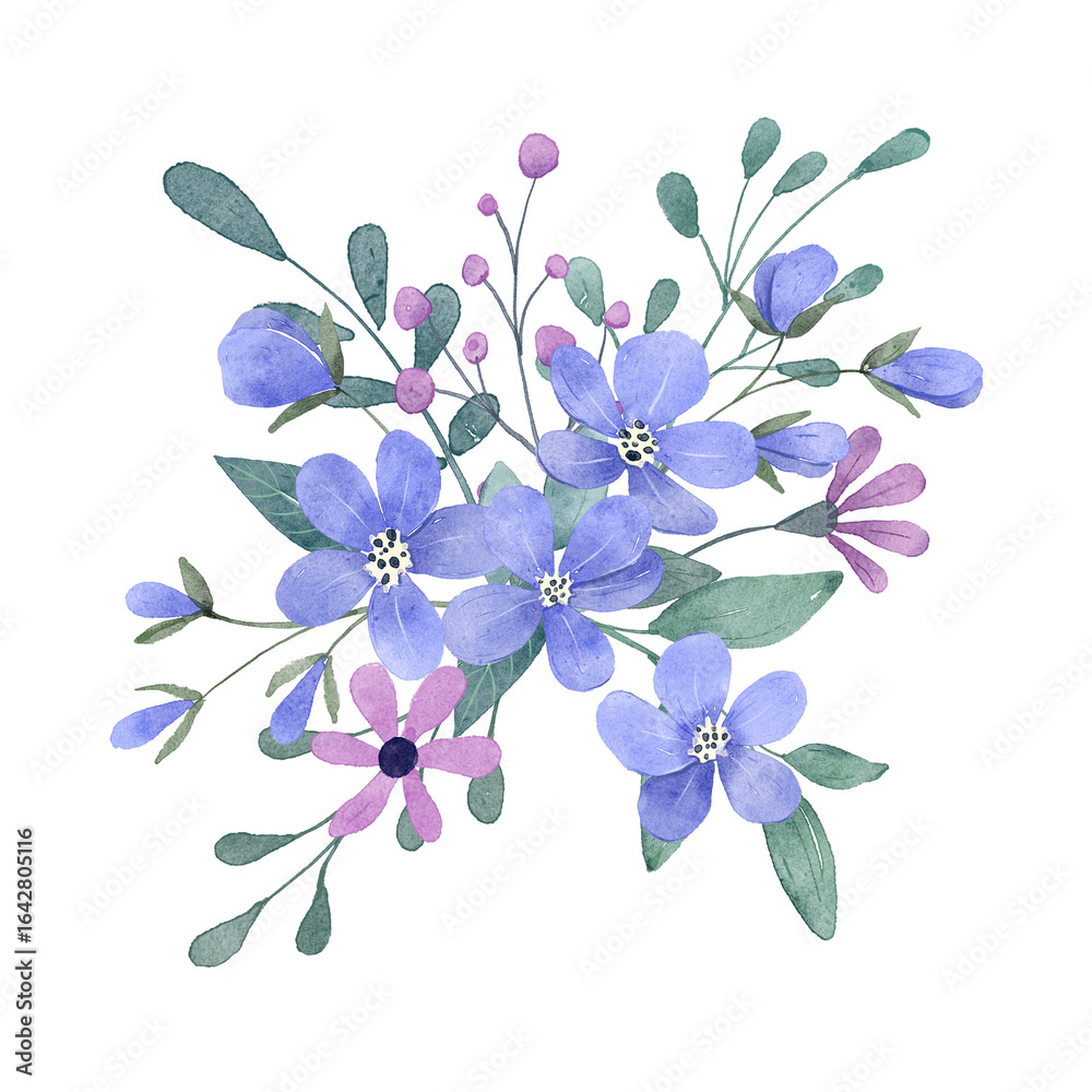 Fototapeta premium Flowers and leaves digital illustration, spring design, watercolor bouquet hand painting. Perfectly for printing, sublimation.