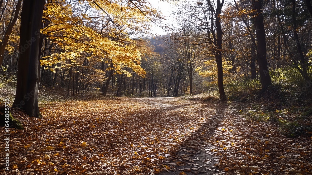 Obraz premium Autumn forest path bathed in sunlight