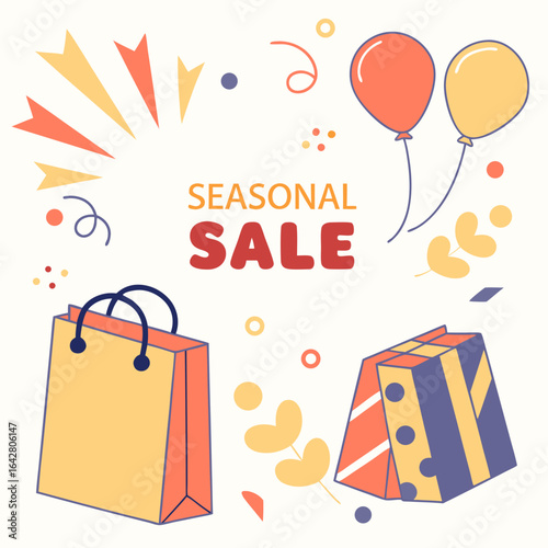 Illustration promoting a seasonal sale with shopping bags, gifts, balloons, and decorative elements on a light background.