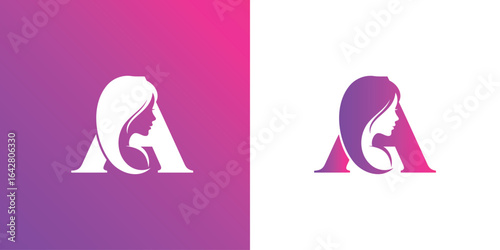 A stunning logo of the letter 'A' integrated with a beautiful woman's face and flowing hair, perfect for beauty, fashion, salon, and cosmetic brands.
