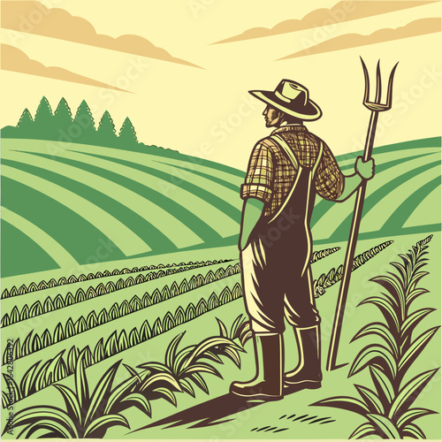 Illustration of a farmer standing in a field, holding a pitchfork, overlooking a landscape of cultivated land and trees.