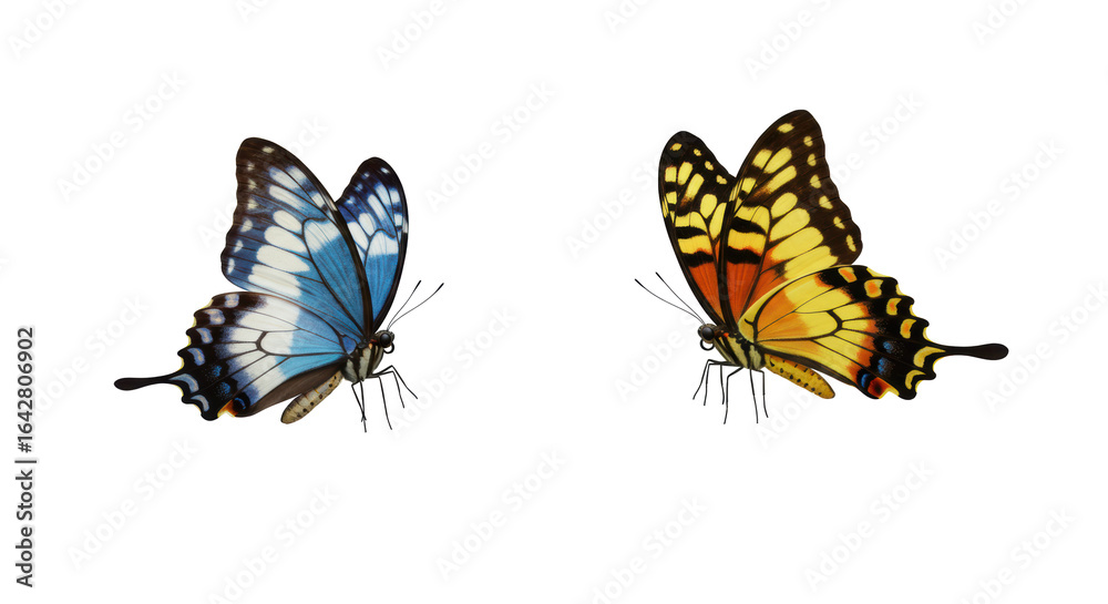 Obraz premium Two hyper-realistic, blue & white and yellow, orange & black butterflies on a pristine transparent background, high-key studio shot, concept of natural beauty and biodiversity