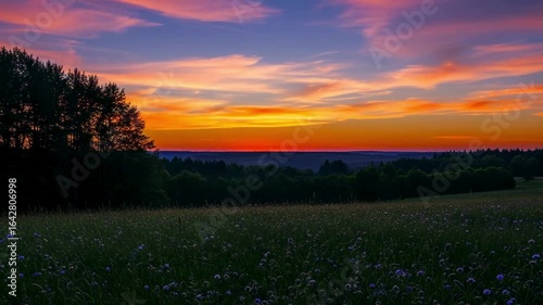 Stunning time-lapse of a vibrant sunset over a lush green meadow with wildflowers