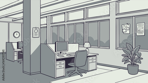 Office interior illustration with desk computer chair plant and window office space design concept vector 100