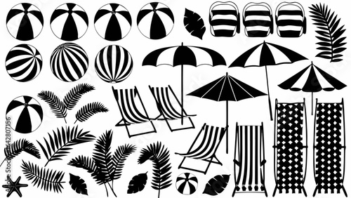 Illustration of beach scene with beach balls, umbrellas, chairs, and palm leaves in black and white style | editable eps vectors silhouette