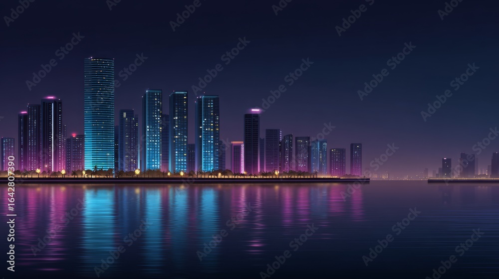 Fototapeta premium Night Cityscape Reflection Glowing Skyscraper Skyline on Water, Architecture, Urban landscape