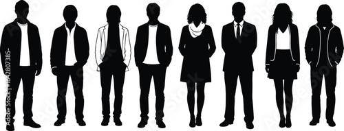 Diverse business professionals, silhouettes, standing in a row, teamwork, collaboration, corporate attire, unity, office, formal, casual, meeting 