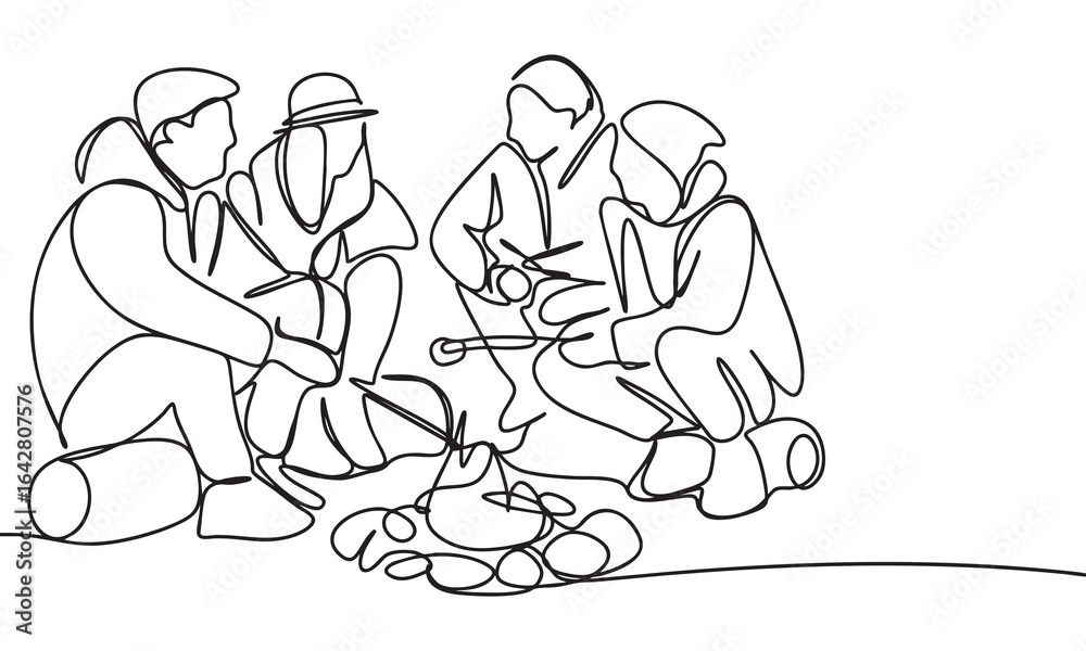 Obraz premium Group of People by a Flame, One Line Continues