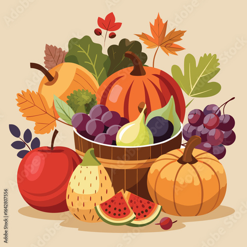 Autumn harvest bounty with pumpkins apples grapes figs and watermelon slices vector