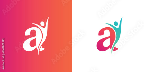 A vibrant logo of the lowercase letter 'a' with a dynamic, abstract human figure celebrating success and energy, ideal for coaching, wellness, and lifestyle brands.
