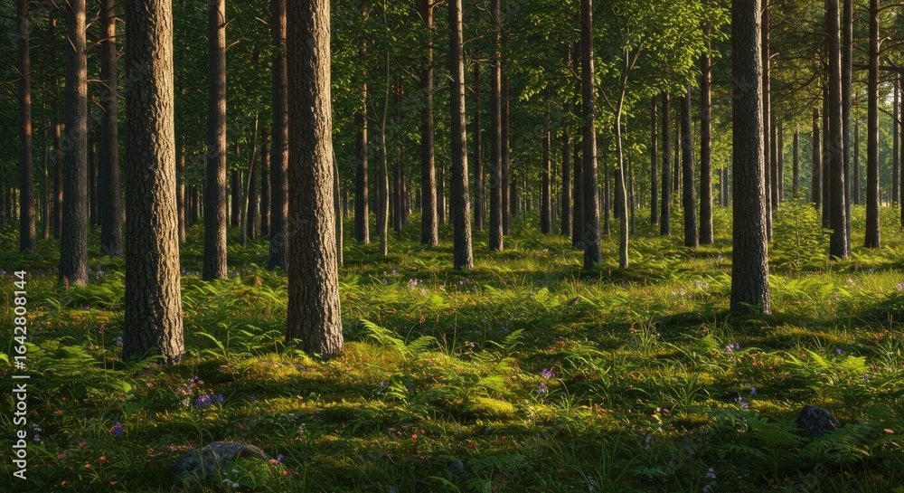 Naklejka premium Lush Forest Scene: Sunlight Through Trees Greenery and Flowers.