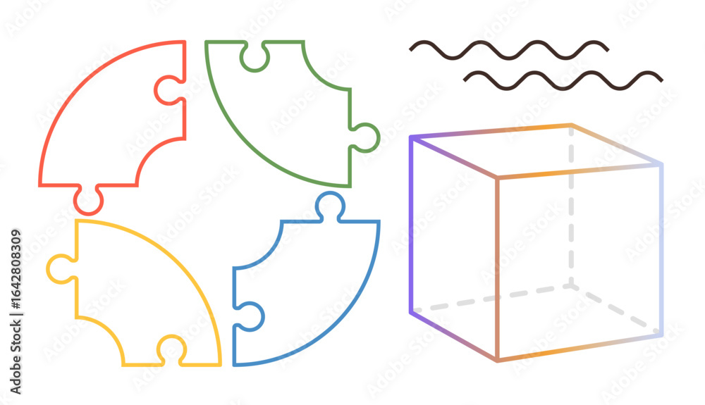 Fototapeta premium Circular puzzle pieces in vibrant colors beside a transparent cube and wavy lines suggest creativity, problem-solving, teamwork, innovation. Ideal for logic, brainstorming, projects, geometry