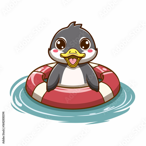 A cartoon penguin floats joyfully in water, encircled by a red and white life preserver.