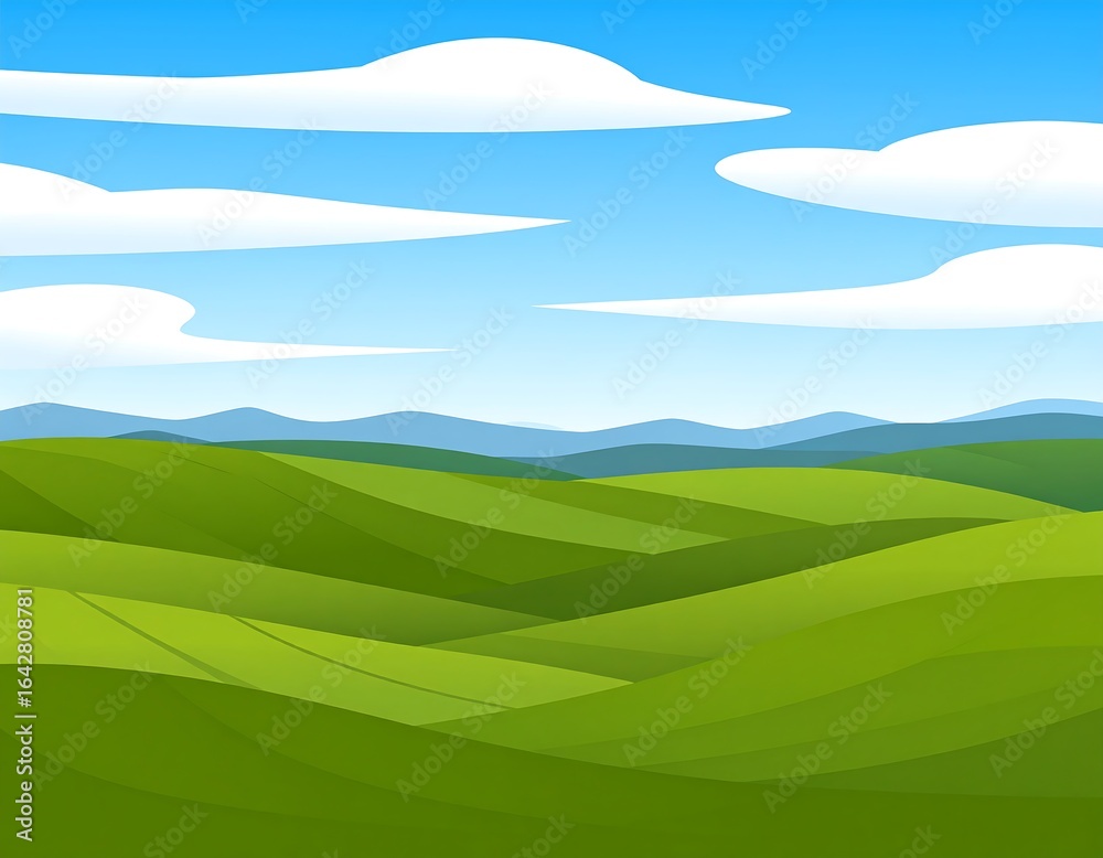 Obraz premium Rolling green hills under a bright blue sky with fluffy white clouds (2)