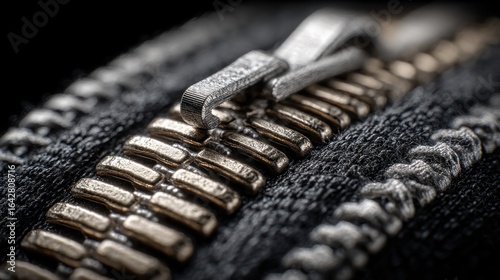 Extreme close-up depicting a zipper, revealing intricate details and textures
