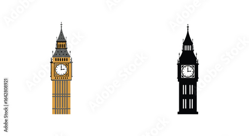 Big Ben Clock Tower Illustration in Color and Silhouette on White Background