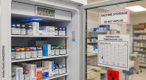 Vaccine Refrigerator Displaying Temperature and Storing Medical Vials.