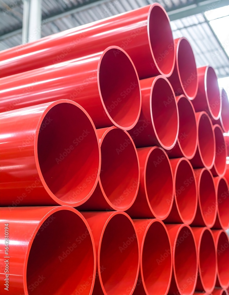 A neat stack of vibrant red cylindrical pipes A neat stack of vibrant red cylindrical pipes