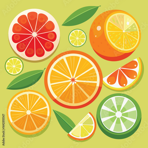 Citrus fruit slices and leaves arrangement orange lemon