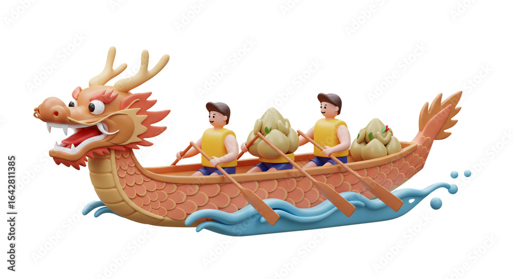 Obraz premium Joyful animated figures navigate a colorful dragon boat, featuring a majestic dragon head and traditional rice dumplings, representing a vibrant cultural event.