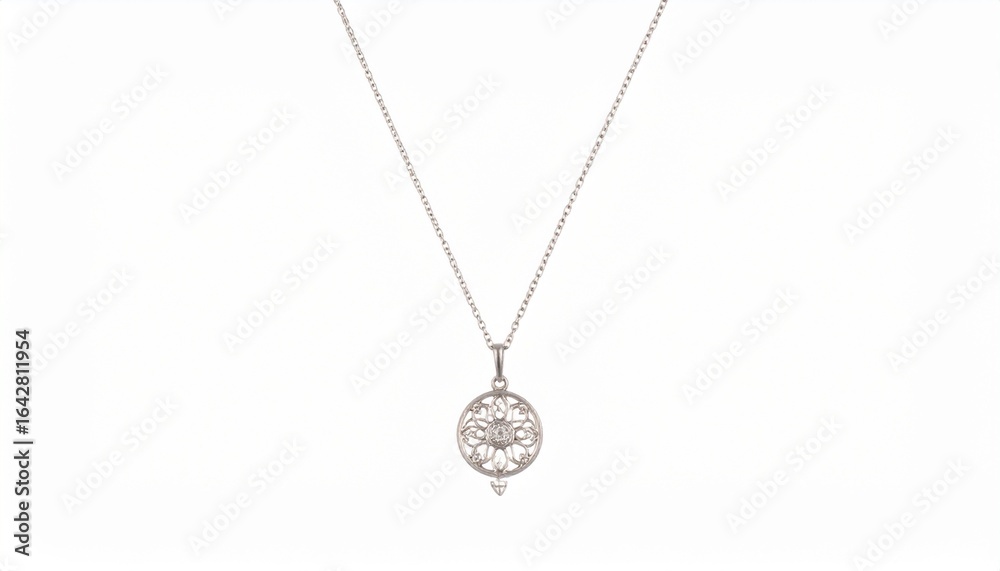 Fototapeta premium Elegant necklace featuring a thin chain and a symmetrical, intricately designed metal pendant—possibly silver or white gold—attached via a small loop, showcasing refined craftsmanship and delicate sty