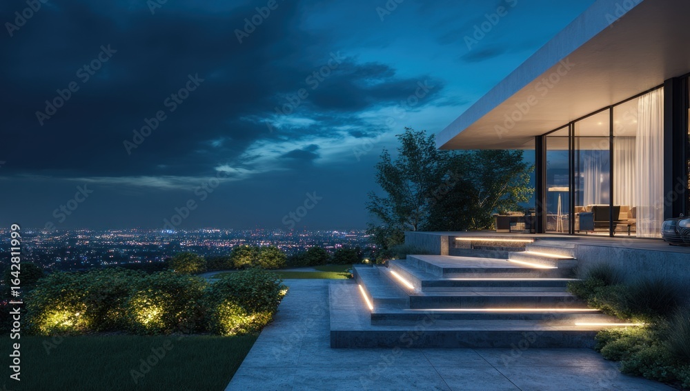 Obraz premium Modern house at night with city view