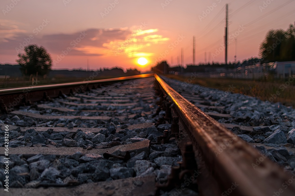 Fototapeta premium Railroad tracks at sunset. Golden hues meet the horizon