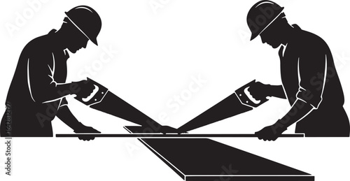 Two carpenter sawing silhouette vector
