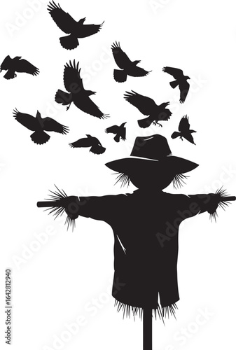 Scarecrow and flying crows silhouette vector