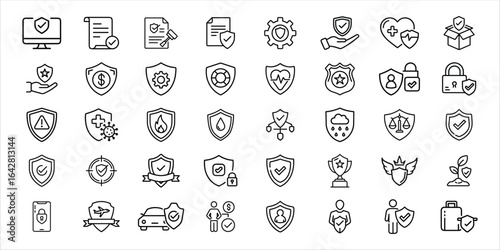 Collection of hand drawn security and protection icons in a grid layout