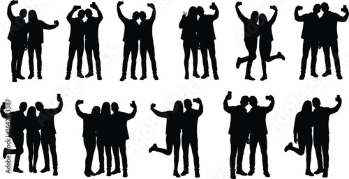 Group of friends taking selfies, celebrating together, silhouette photography, fun moments captured, social media bonding, happy memories, friendship goals, joyful posing