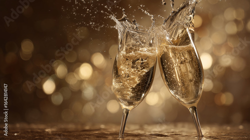 Two elegant crystal glasses filled with golden champagne sit on a decorated table, ready for a celebration