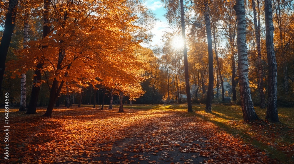Fototapeta premium Autumn park path bathed in sunlight (1)