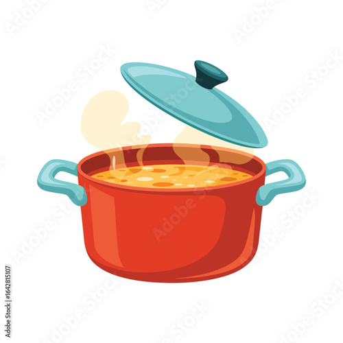 Cartoon red cooking pot filled with hot soup and a light blue lid slightly ajar