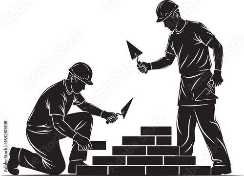 Two builders laying brick wall silhouette vector