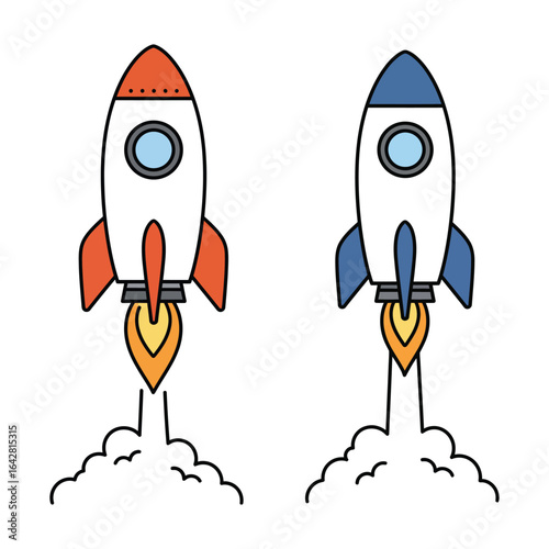 Two Cartoon Rockets Launching with Flames and Smoke Trails on White Background