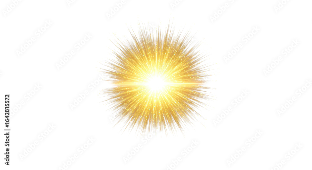 Fototapeta premium Brilliant, radiant golden light burst with sparkling, emanating particles and an ethereal halo, centrally on a transparent studio background, ample negative space, concept of profound clarity
