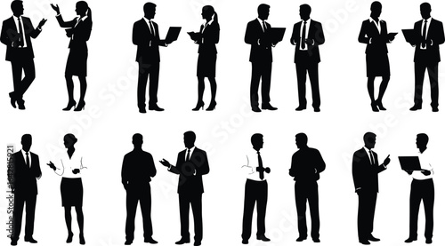 Professional business silhouettes, diverse team collaboration, office meeting, corporate discussion, business attire, teamwork, communication, laptop, tablet, presentation, standing