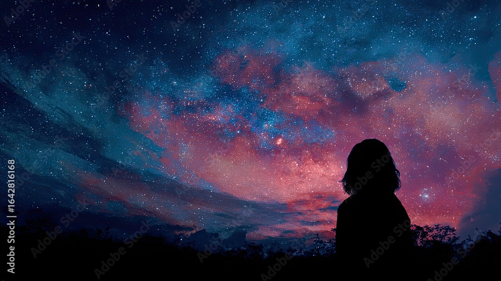 Fototapeta premium Silhouetted figure gazing at a vibrant night sky