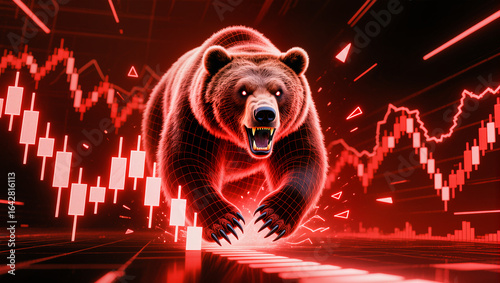 Futuristic Red Bear with Downtrend Candlestick Chart – Bear Market Concept