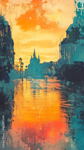 City street at sunset, reflected in a wet surface