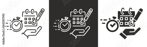 flat and linear set icons,quick marking day icon, calendar reservation, fast deadline, rapid time, simple symbols on white and black background - editable stroke vector illustration