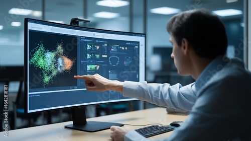 A scientist analyzes complex 3D molecular data on a high-resolution computer screen, working on a medical breakthrough in a modern, state-of-the-art laboratory.